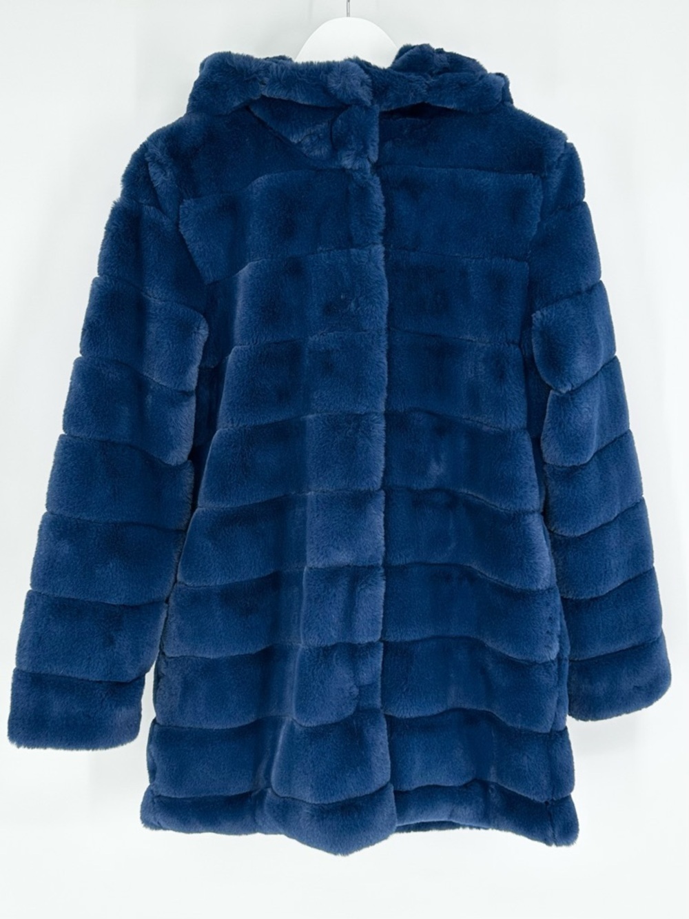 Kenneth Cole Snap Front Closure Grooved Faux Fur Hooded Coat - Teal